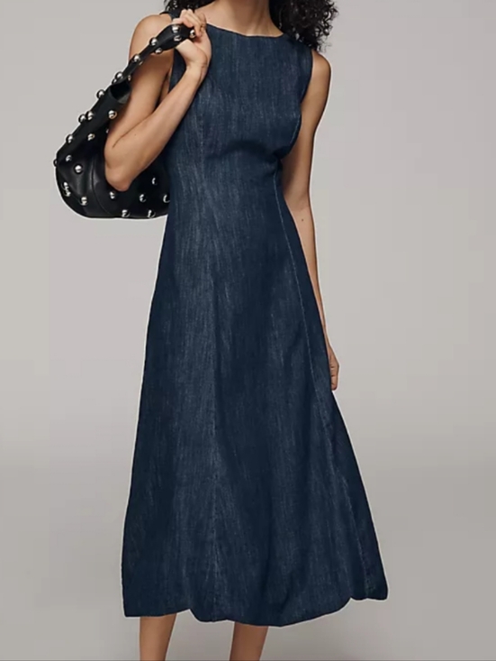 Anthropologie Dresses & Skirts - Anthropologie Sleeveless Dark Blue Denim Boat Neck Midi Bubble Dress 12